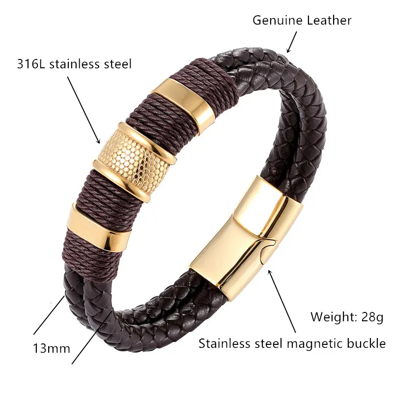 1pc Vintage Multi-layer Brown GENUINE Leather Mens Bracelet, Beaded Imprinted Bracelet, Stainless Steel Jewelry Wrist Bracelet Gift, Father's Day Gift