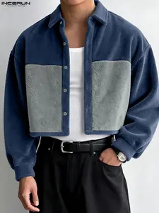 INCERUN Men's Fashion Patchwork Faux Fur Long Sleeve Shirt, Casual Fitted Shirt, Spring & Fall Casual Wear, Daily, Stylish and Comfortable