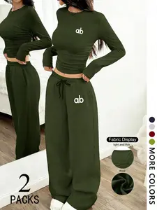 Women's Two-Piece Set, Fashion European Style Round Neck Long Sleeve Top, Straight Leg Drawstring Pants, Comfortable Fabric, Perfect for Daily Wear, Travel, Shopping