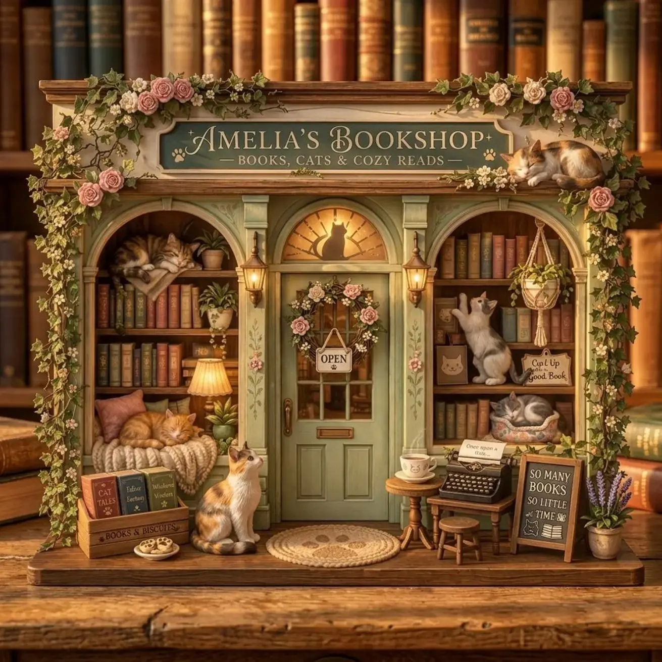 Personalized Cat Flat Bookshop Sign, Floral Miniature Cozy Book Nook Decor, Custom Pet Book Lover Gift for Cat Mom, Mini Library Diorama