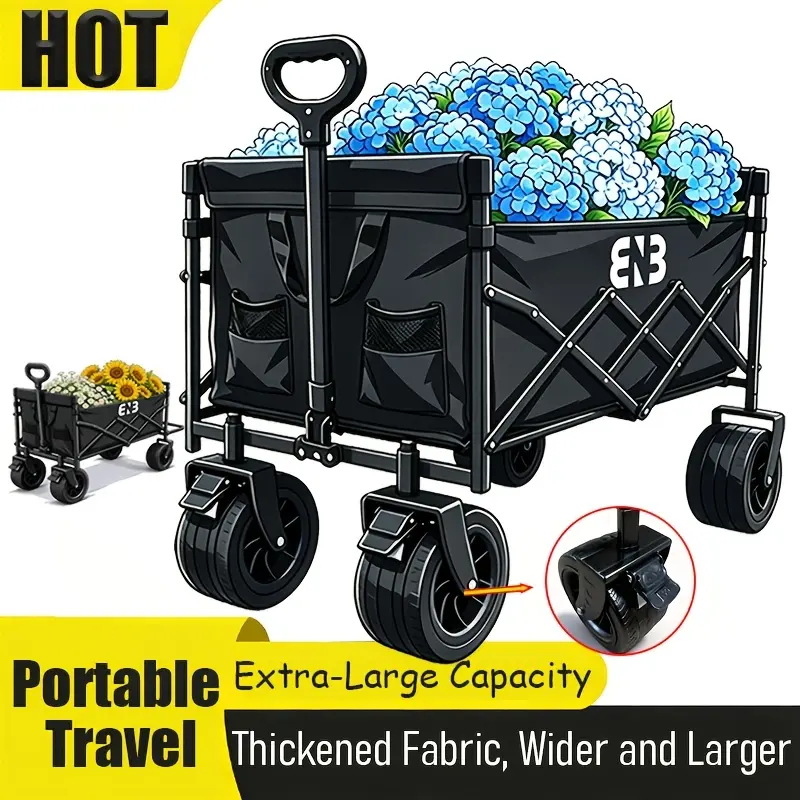 Heavy-duty, foldable camping and garden cart with all-terrain wheels and large capacity—perfect for camping, picnics, gardening, and shopping at street markets. Featuring a reinforced frame for durability and portability, it’s an outdoor essential.