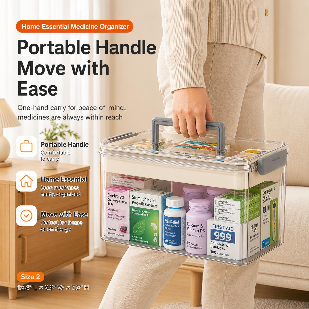 UFORU Modern Large Capacity Rectangle Medicine Organizer Box, Eco-Friendly Home Storage Bin, Double Layer Transparent PET Case with Handle, Snap-Seal Dryness Dust & Insect Block Moisture-Proof First Aid Kit - Suitable for Home/Travel