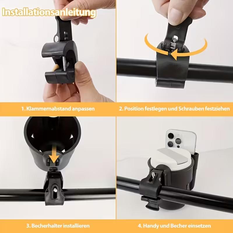 2-in-1 Universal Cup Holder | Suitable for bicycles, cars, motorcycles, walkers, and wheelchairs; 360° multi-functional cup holder for smartphones