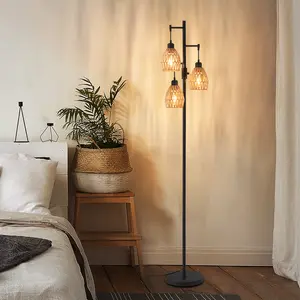 Demilare Boho Floor Lamp with Rattan Shades, Cozy Ambient LED Light, Modern Aesthetic Lighting, 70" Tall Standing Lamp, Living Room, Bedroom, Lounge, 3 × 900LM LED Light Bulbs Included, Adjustable Light, Pedal Switch, Bohemian Home Decor,Jumpstart Newyear