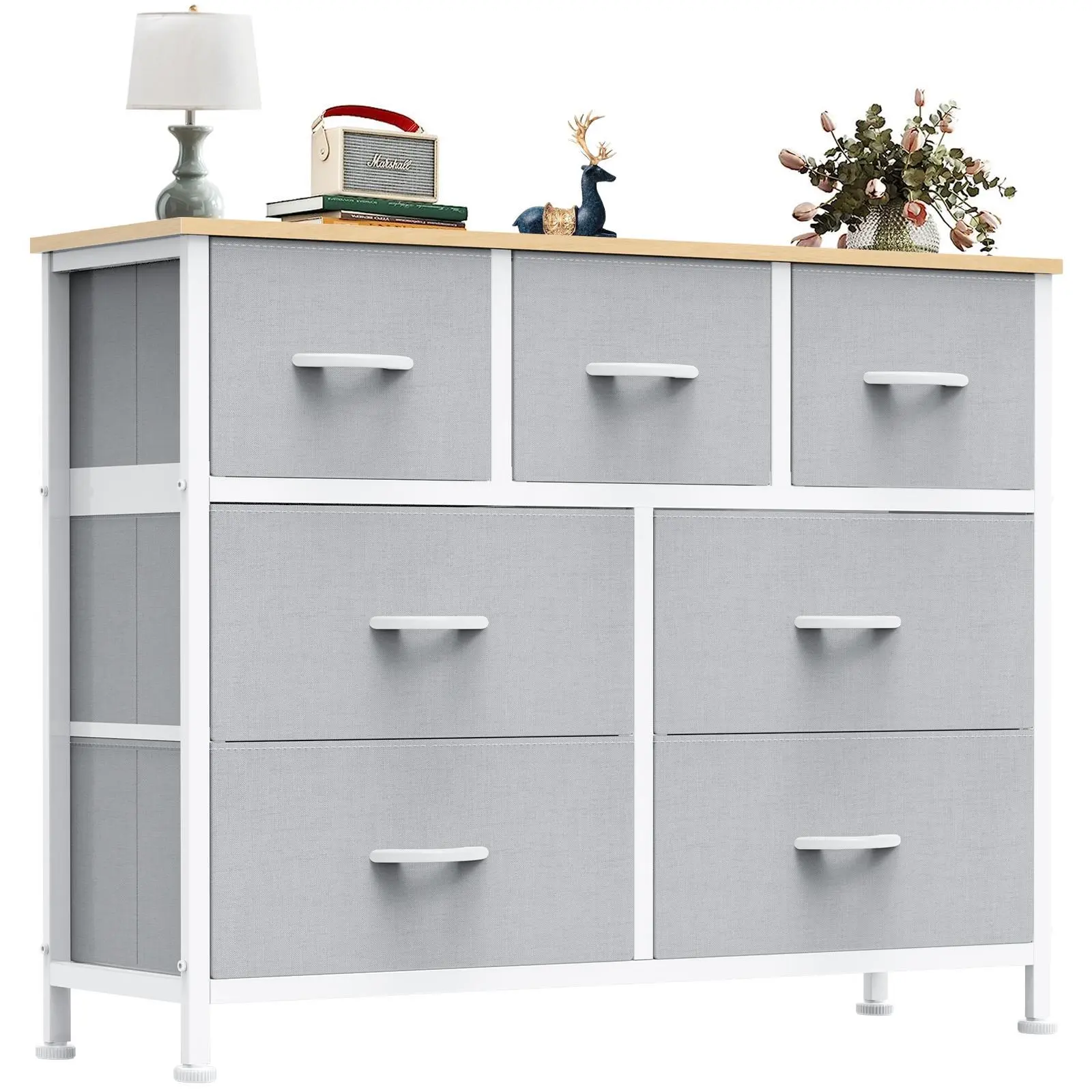 Nursery Dresser 7 Drawers, Fabric Storage Tower for Baby Clothes Toys, Sturdy Steel Frame Wood Top Easy Pull Bins for Bedroom Living Room Entryway