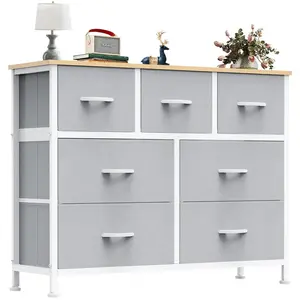 Nursery Dresser 7 Drawers, Fabric Storage Tower for Baby Clothes Toys, Sturdy Steel Frame Wood Top Easy Pull Bins for Bedroom Living Room Entryway