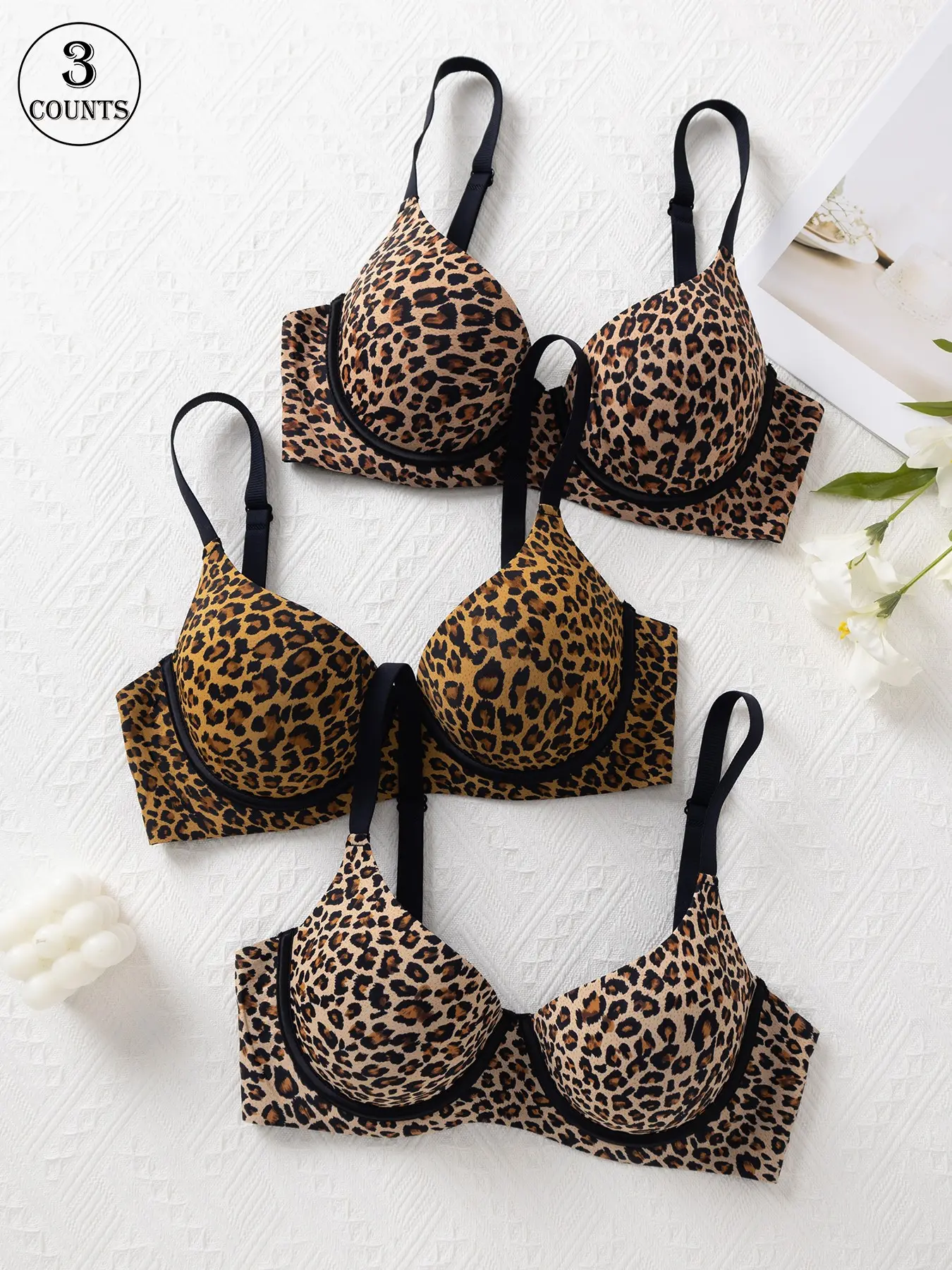 Women's Leopard Print Seamless Bra Set, Adjustable Straps, Steel Ring Support, Comfortable Smooth Skin-Friendly Fabric, 3-Piece Pack, Adjustable Bras, Underwear