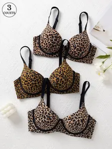 Women's Leopard Print Seamless Bra Set, Adjustable Straps, Steel Ring Support, Comfortable Smooth Skin-Friendly Fabric, 3-Piece Pack