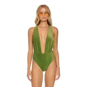 SPARKLE COMO DEEP PLUNGE CROSS BACK WOMENS ONE PIECE - ARMY