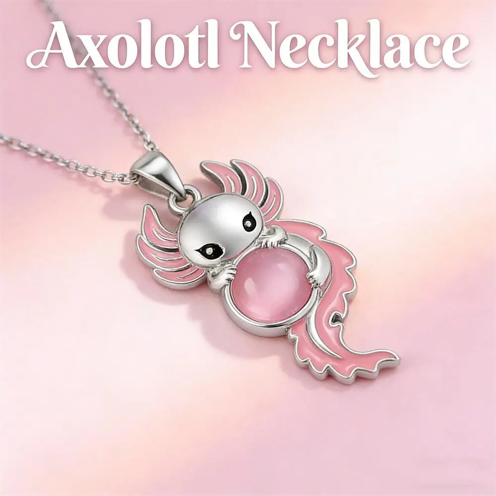Cute Axolotl Necklace for Women Premium Zinc Alloy Pink Axolotl Pendant with Cat's Eye Stone, Lovely Animal Fashion Jewelry, Ideal Birthday Christmas Valentine's Day Gift for Axolotl Lovers