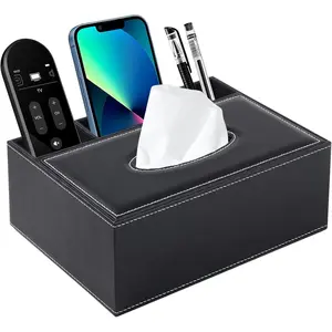 Multifunction PU Leather Tissue Box Cover Rectangular Upgrade Large Size Stationery Napkin Remote Control Holder Storage Box,Facial Tissue Dispenser Desk Organizer Caddy Home Office Supplies (Black)