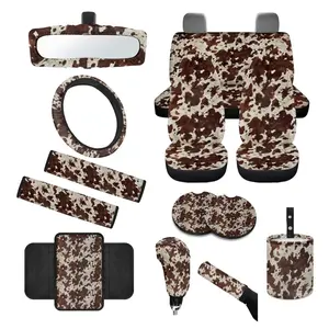 14pcs Brown Cow Pattern Print Car Accessory Kit: Soft Polyester Seat Covers Set , Steering Wheel Protector, Armrest Cushion, Shoulder Belt Pads ,durable Fathion Vehicle Inter Decoration for All Season automotive decor