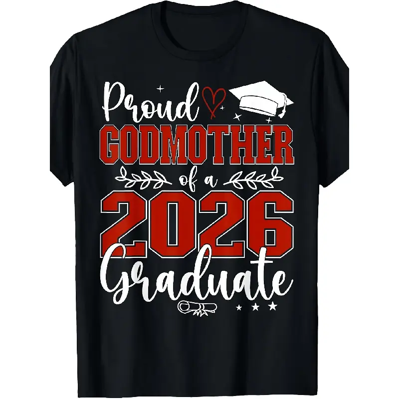 Men's Retro 2026 Graduate Godmother Graphic T-Shirt - Proud Class of 2026 Senior Gift, Round Neck, Regular/Oversized Fit, Shortsleeve, Casual Streetwear Menswear Top, Machine Washable Graduation Apparel
