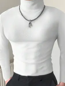 Dauomo Men's Turtleneck Tight Solid Color Casual T-Shirt, Can Be Worn As Base Layer, For Fall, Long Sleeve Top