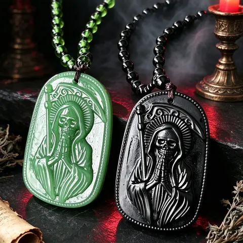 Santa Muerte Obsidian rosary necklace