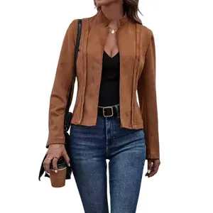 Women's Faux Suede Open Front Jacket, Stand Collar Long Sleeve Casual Coat (100% Polyester)