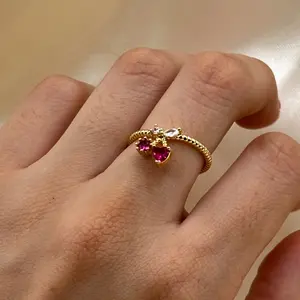 14K Gold Plated Pink Cherry Ring for Women - Adjustable Sizes