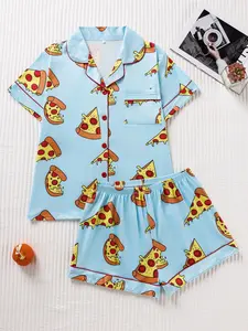 Women's Pizza Full-Print Sleepwear Set, Loose Lightweight Button-Up Short Sleeve Top and Shorts, Fun Style Casual Comfy Pyjama All Season Pajamas