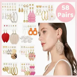 58 Pairs Vintage Elegant Earrings Set for Women - Bohemian & French Style Dainty Hoops, Dangle & Drop Earrings with Heart, Floral, Butterfly, Bow, Feather-like & Layered Designs - Golden-Tone & Pastel Colors, All-Season Wedding, Valentine'S Day Gift