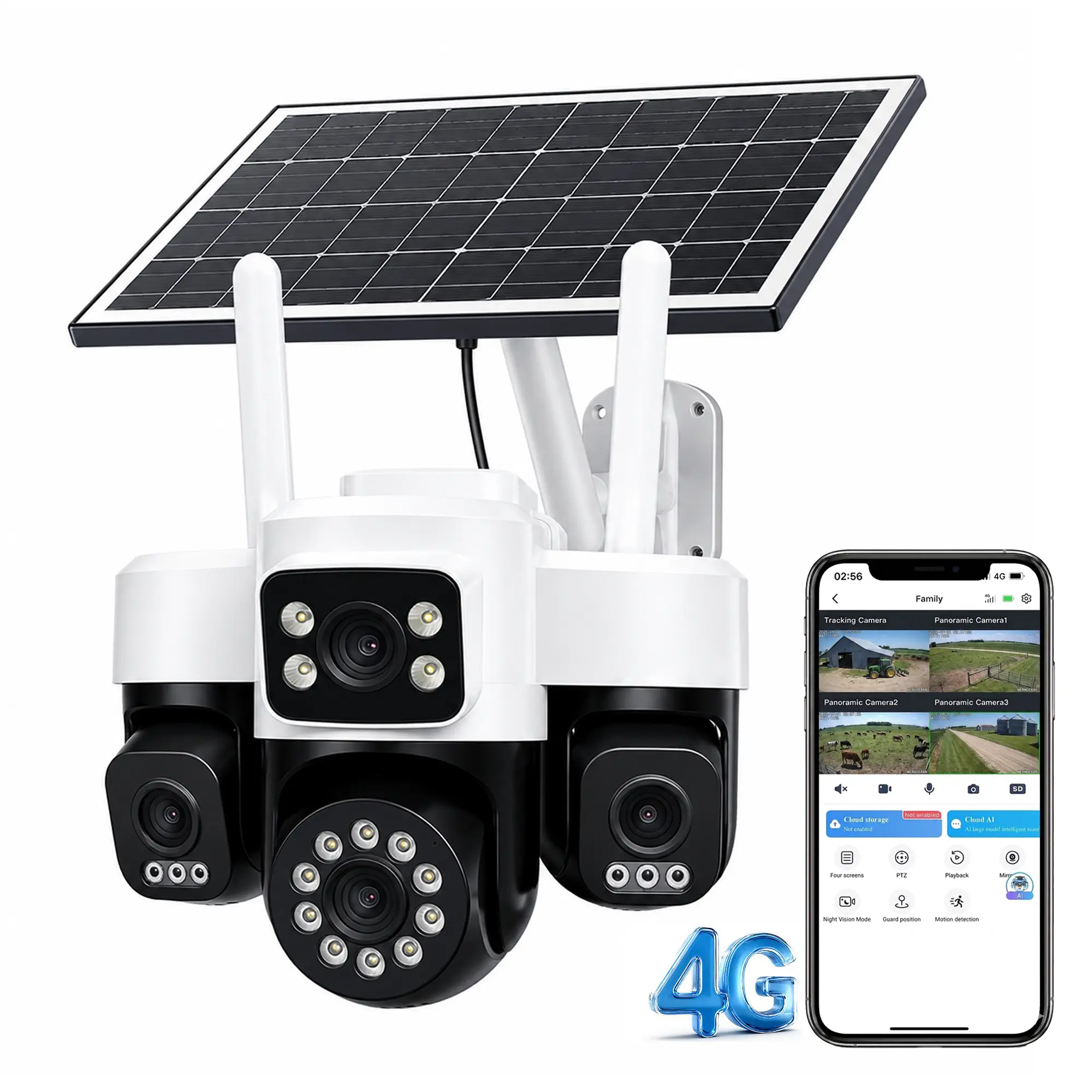 SONIQCFYX 4G LTE Solar Security Camera, Quad-Lens 2K HD CCTV, Dual Solar Panels, 360° Panoramic View, No WiFi Required, HiEasy App Control, Night Vision, Motion Detection, Waterproof Outdoor Camera with 4G Data Card