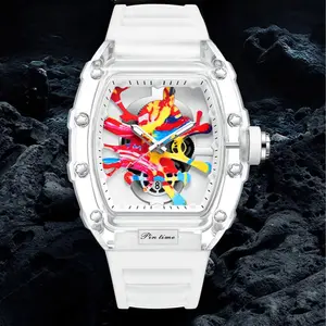 Mens Fashion Transparent Colorful Tonneau Hallow Graffiti Art Dial Hip-hop Unique Sports Wrist Watch Japan Quartz Analog Luminous Design with Silicone Band