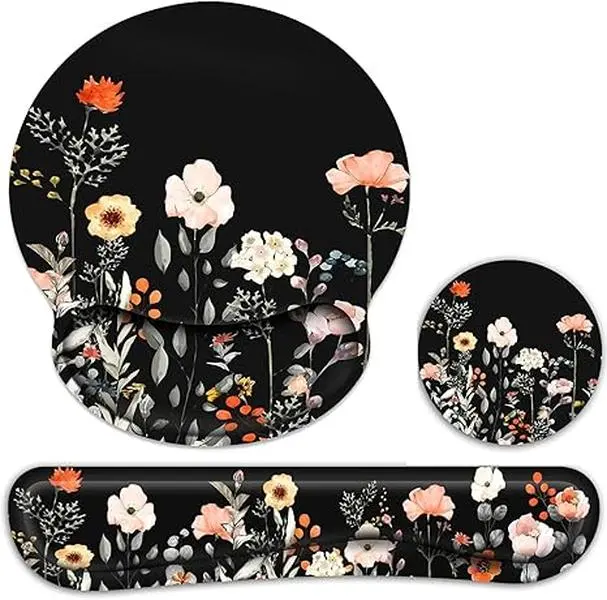 Ergonomic Mouse Pad & Keyboard Rest Set with Memory Foam Wrist Support, Pain Relief Accessory for Gaming & Office Laptops, Floral Kitchen Desk Decor