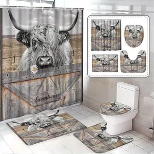 Creative Scottish Highland Cow Shower Curtain Set, Waterproof Polyester, Includes Hooks, Toilet Seat Cover, Farmhouse Style, Holiday Gift, Bathroom Supplies, Bathroom Decoration Accessories