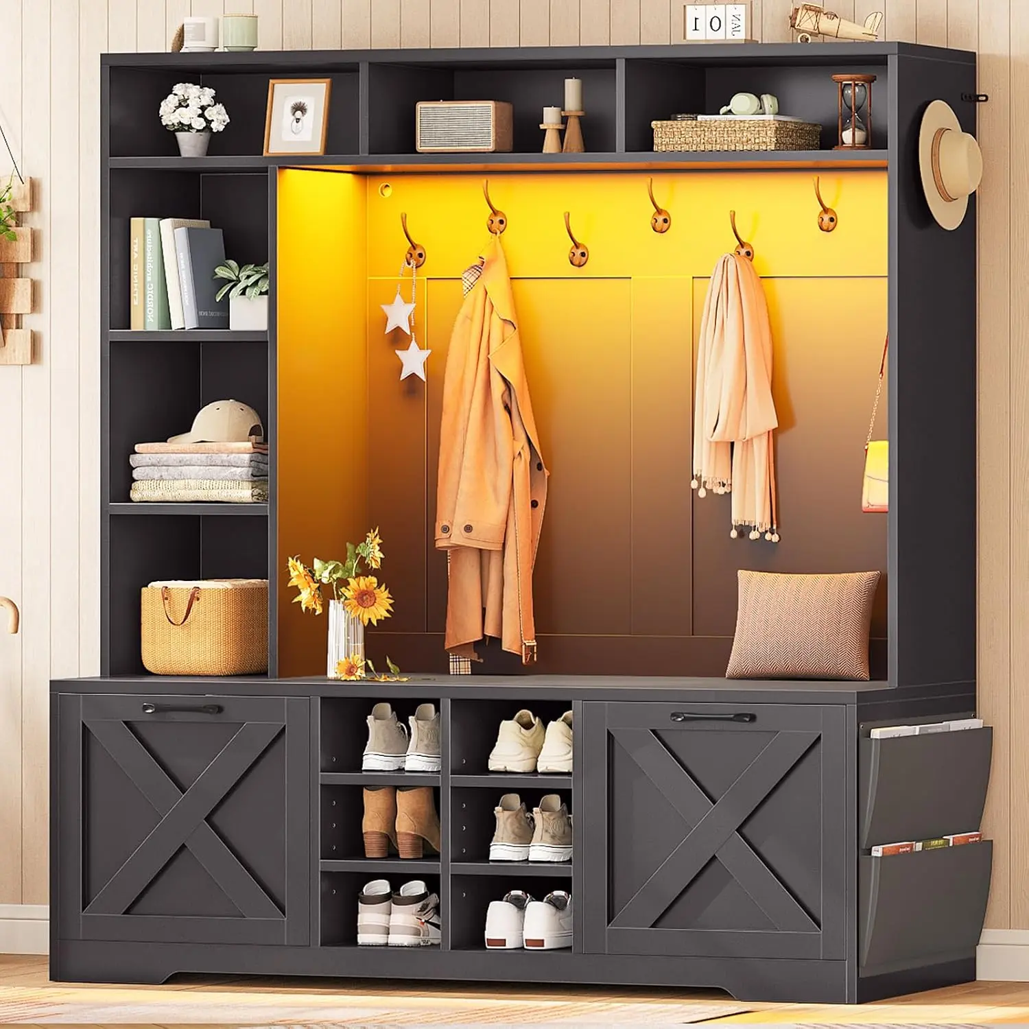 Itaar Hall Tree with Bench and Shoe Storage, 59.1" Farmhouse Entryway Bench with Coat Rack, Shoe Cabinet with Flip Drawers, 12 Shelves, 9 Coat Hooks, Storage Bag, Led Lights