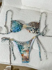 Women's Summer Beach Swimwear Set, Adjustable Strapless Shell Decor Top & Side Tie Bottom Bikini, Casual Swimsuit for All Seasons, Leopard Print Bikinis