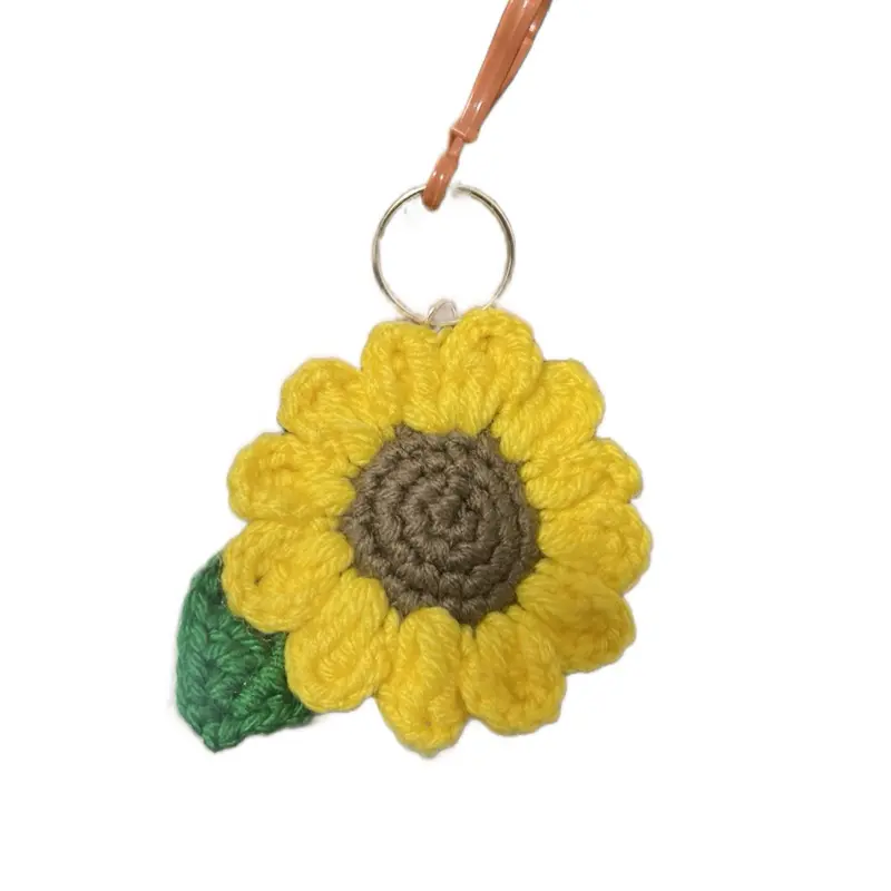 Crochet Sunflower Keychain - Yellow & Green Design, Keyring Attachment