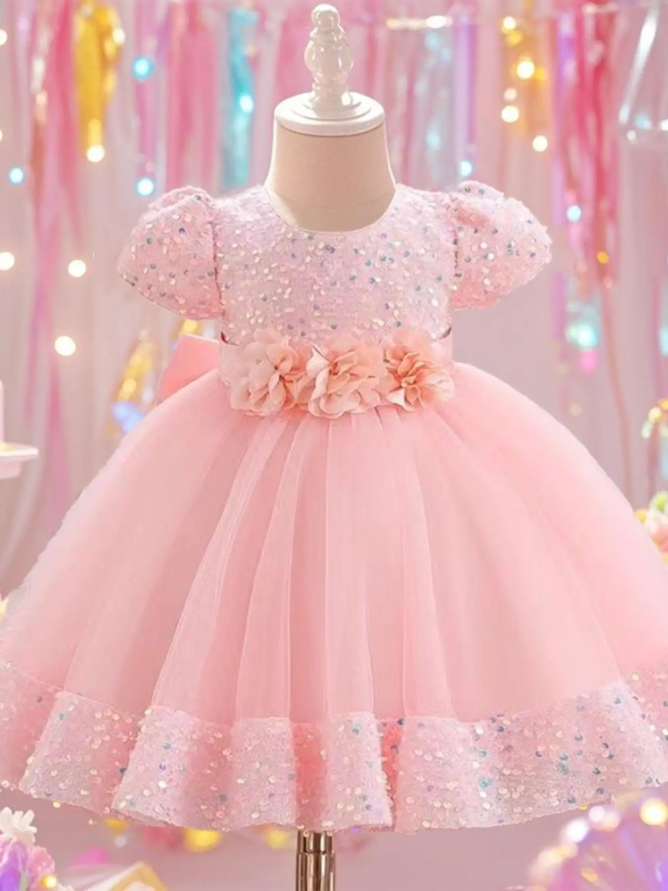 Toddler Girl's Glitter Sequin Decor Flower Decor Tulle Dress, Cute Princess Dress for Party Wedding Guest, Kids Clothes for All Seasons