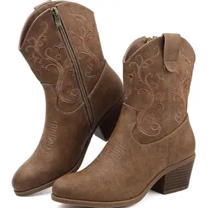 Womens Western Short Cowboy Boots, Cowgirl Ankle Boots with Embroidered Design and Side Zipper Womens Western Short Cowboy Boots, Cowgirl Ankle Boots with Embroidered Design and Side Zipper