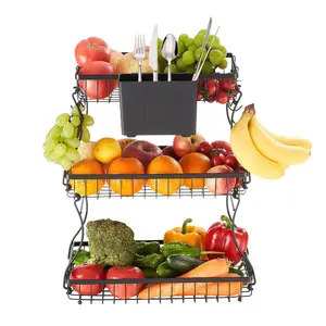 VEVOR 3 Tier Fruit Basket, TikTokShopBlackFriday, Countertop Fruits Vegetable Bowl with Banana Hangers and Side Storage Basket, Metal Wire Storage Stand for Kitchen Counter, Holder Organizer for Bread Snack Veggies, Black