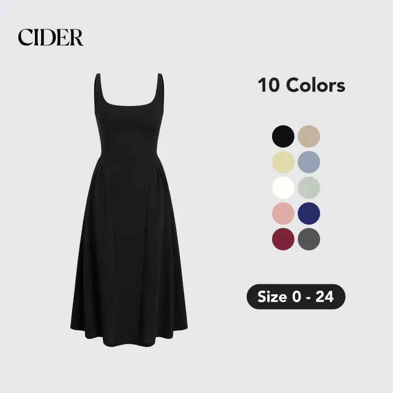 Women's Minimalist Polyester Woven Sleeveless A-Line Midi Dress - Square Neck, Adjustable Strap, Pull-On, Collarless, Elegant Casual Wear