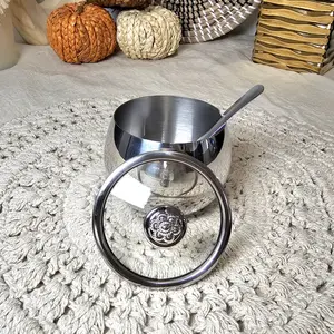 Elegant Silver Design Sugar Pot with Crystal Knob Lid & Spoon Included for Kitchen Use Decorative Tin Canister Organiser