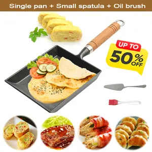Cast Iron Egg Pan Wood Handle Square Frying Pan Non Scald Japanese Egg Omelette Pan with Oil Brush and Shovel for All Kinds of Oven