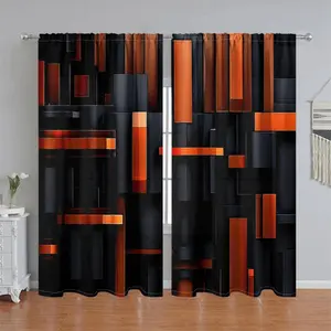 2Pcs Geometric Abstract Pattern Window Curtain Panels, Window Drapes, Modern Black Orange Block Design, Pole Pocket Style, Semi-Sunshade Polyester Fiber, Suitable for Home Living Room, Bedroom, Balcony, Kitchen, Study and Shower Decoration, Acces