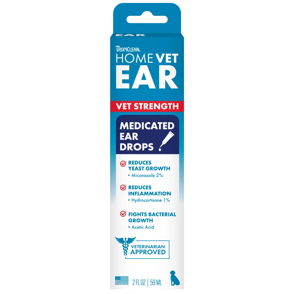 TropiClean HomeVet Medicated Ear Drops for Dogs, Vet Recommended Yeast & Fungal Treatment, Daily Dog Ear Cleaner, Made in USA, 2 oz