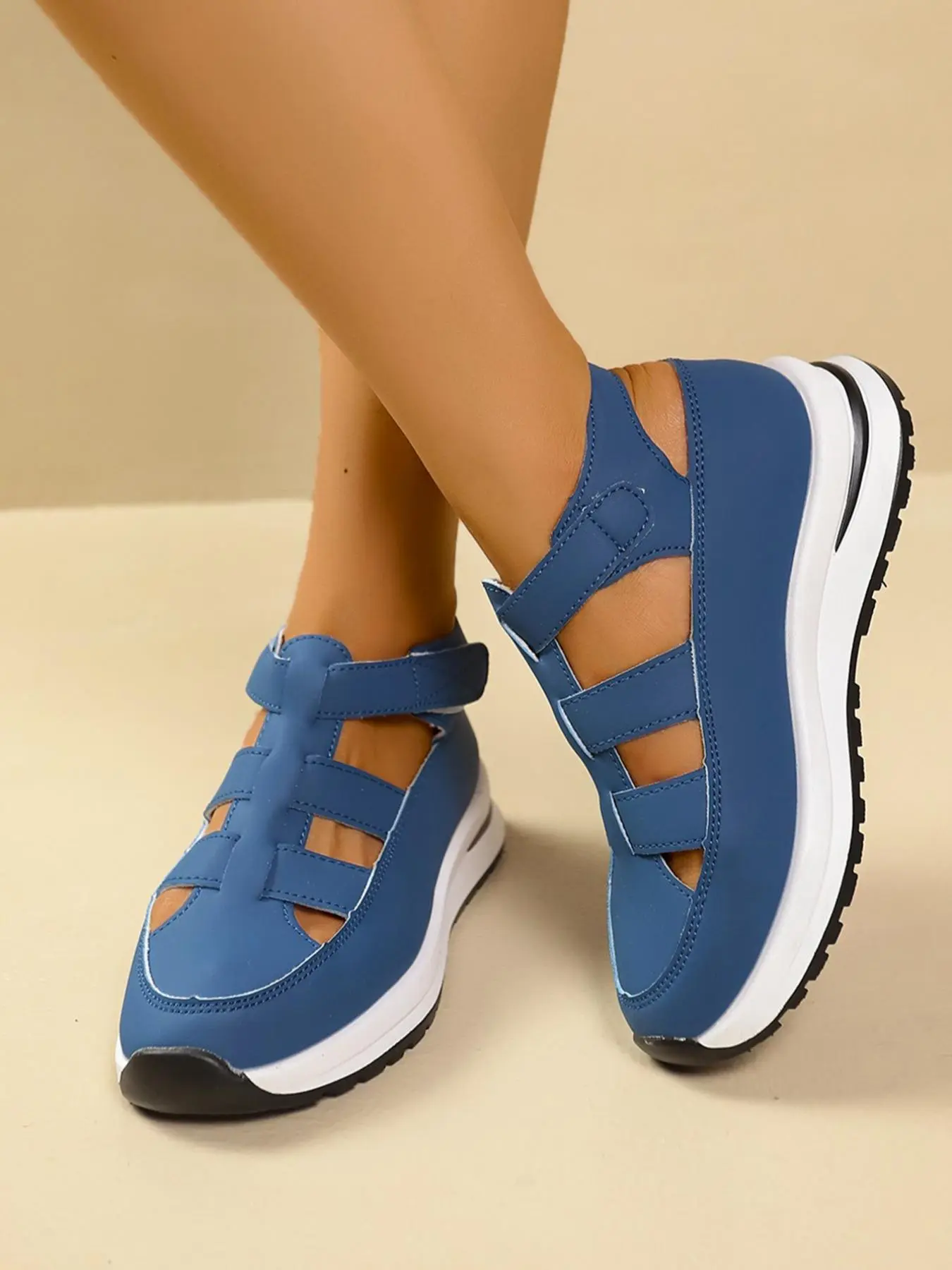 Women's Fashionable Solid Color Velcro Sandals, Casual Comfortable Peep Toe Sandals for Summer, Lightweight Breathable Shoes for Daily Wear, Strappy Sandals, Chunky Sole Sandals
