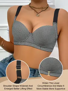 Women's Plaid Underwire Push-Up Elegant Everyday Bra, Lifted Anti-Sagging Comfortable Slimming Bra, Medium spportive Adjustable Wide Straps ,for Daily Wear and Dates Night
