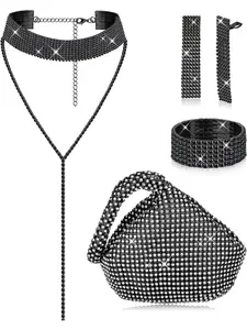 5 Pcs Crystal Jewelry Set Women Clip on Dangle Earrings Y Necklace Tennis Bracelet Bridal Wedding Rhinestone Choker Formal Dress