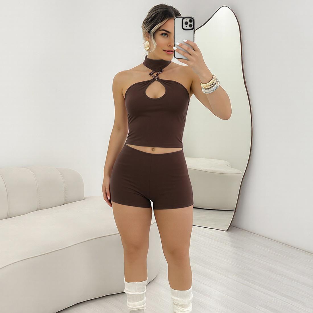 2026 Summer New Style Sexy Hollow Out Halter Neck Tank Top Slim Fit Shorts Two-Piece Women's Outfit in Milk Silk Fabric - Casual