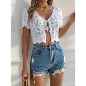 Women’s flat cornered open-front cardigan, summer casual short-sleeve crochet knit top, beach vacation women’s crochet knitwear, women’s clothing GARMENTARY