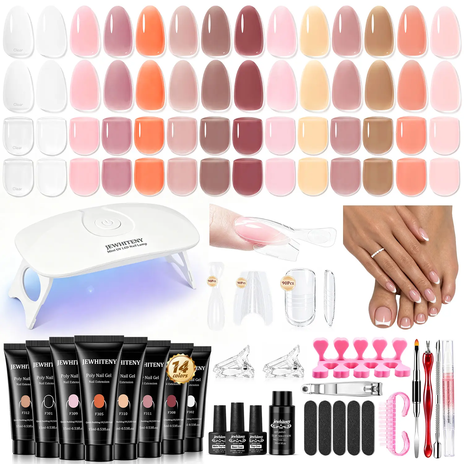 JEWHITENY 14 Colors Poly Gel Nail Kit with UV Light, Toes & Manicure Use Nude Pink Poly Extension Gel Nail Kit,Salon Home DIY,Long-Lasting,Anti-Yellow,15 Size Sandwich Nail Dual Form & Toenail Form