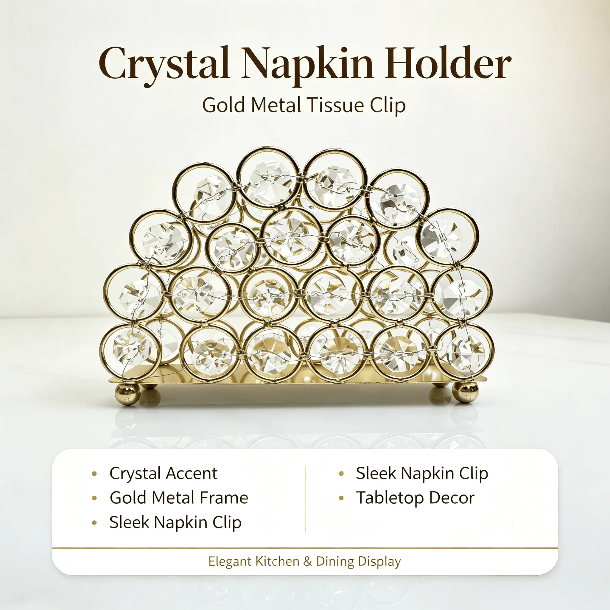 Luxurious Gold Crystal Metal Napkin Holder with Clips - Single Unit Napkin Storage Dispenser, Bathroom Tissue Storage Rack Gadget, Wedding Glam Home Tabletop Accent