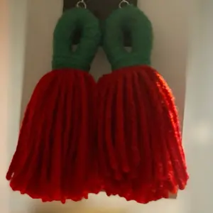 Tassel Earrings - Green & Red Tassels on Green Backing, Red and Green Color, Simple Design