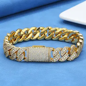 [ICE HUE]18K Gold Vacuum Plated Copper with 5A+ Sri Lanka Zircon Bracelet Custom 14mm Flip Buckle Cuban Chain Men's Jewelry CZ Inlay Hip Hop Luxury