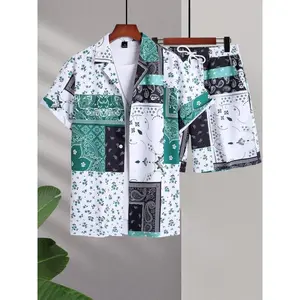 Men's Paisley Print Button Front Co-ord Set, Boho Lapel Shirt & Drawstring Waist Shorts Set, Two-pieces Outfits for Summer Beach Vacation