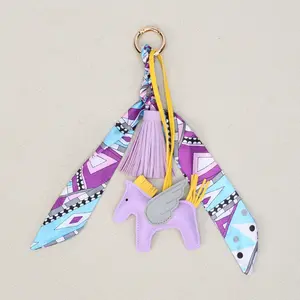 [Journey Canvas]Flying Horse Keychain – Cute PU Leather Bag Charm with Silk Scarf & Tassel, Luxury Pendant for Women’s Purse, Car Keys & Handbag Accessory Gift