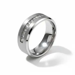 Titanium Beveled Cubic Zirconia Ring with Stainless Steel Band, 9 Princess Cut Diamonds, Princess Style & Titanium Construction Rings, Elegant Daily Metal Coating Jewelry – Perfect Couple's Gift, Cubic Zirconia Rings
